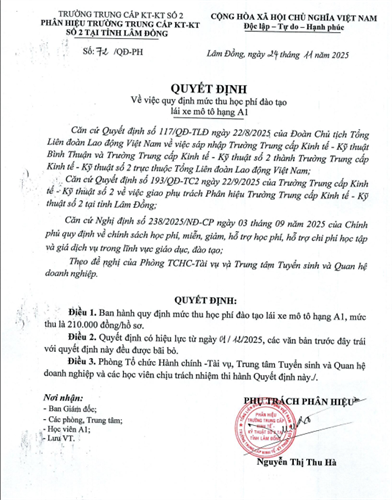 QUYẾT ĐỊNH VỀ MỨC THU HỌC PHÍ ĐÀO TẠO LÁI XE HẠNG A1 